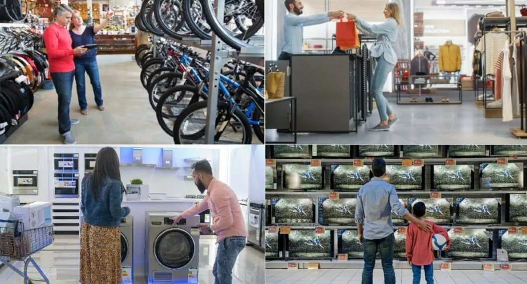 Personas comprando ropa, bicicletas, televisores y lavadoras, a propósito de cuándo es el próximo Día sin IVA, qué productos tienen descuento y topes.