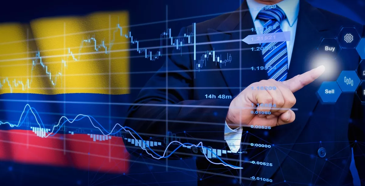 Businessman touching data analytics process system with KPI financial charts, dashboard of stock and marketing on virtual interface. With Colombia flag in background.