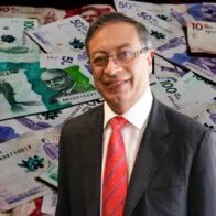 Gustavo Petro en fondo de billetes colombianos, a propósito de cuánto le pagan por voto, en segunda vuelta.