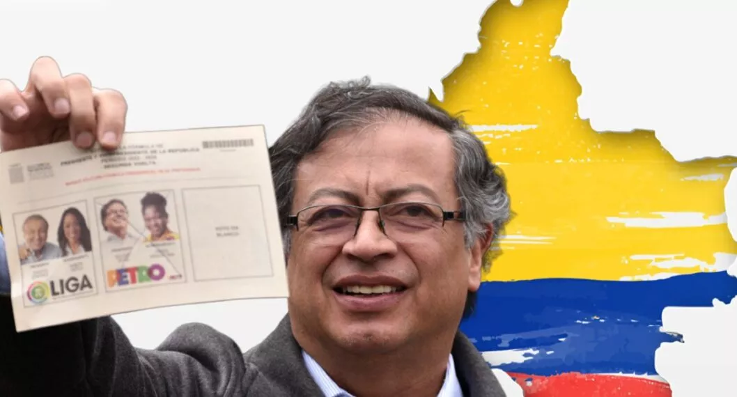 Gustavo Petro sobre mapa de Colombia, a propósito de en qué departamentos ganó el nuevo presidente de Colombia vs. Rodolfo Hernández, nuevo senador (fotomontaje Pulzo).