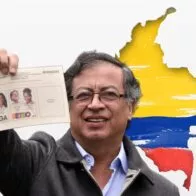 Gustavo Petro sobre mapa de Colombia, a propósito de en qué departamentos ganó el nuevo presidente de Colombia vs. Rodolfo Hernández, nuevo senador (fotomontaje Pulzo).