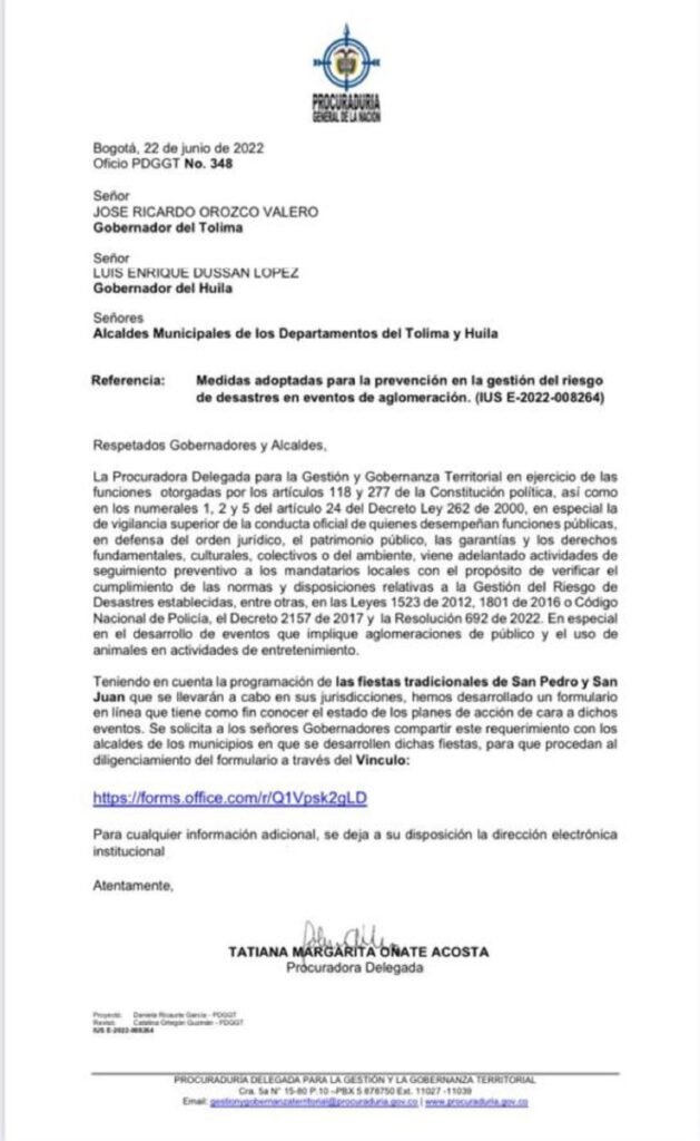 Carta de la Procuraduría sobre El Espinal / Vía Caracol Radio. 