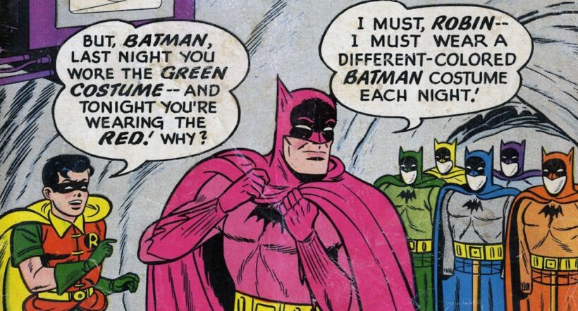 Imagen de Batman que utilizó traje rosado y de otros colores para atrapar a unos villanos