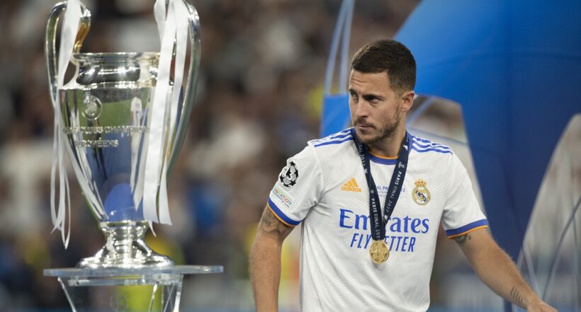 PARIS, FRANCE - MAY 28: Eden Hazard of Real Madrid walks past the trophy after the UEFA Champions League final match between Liverpool FC and Real Madrid at Stade de France on May 28, 2022 in Paris, France. (Photo by Visionhaus/Getty Images)