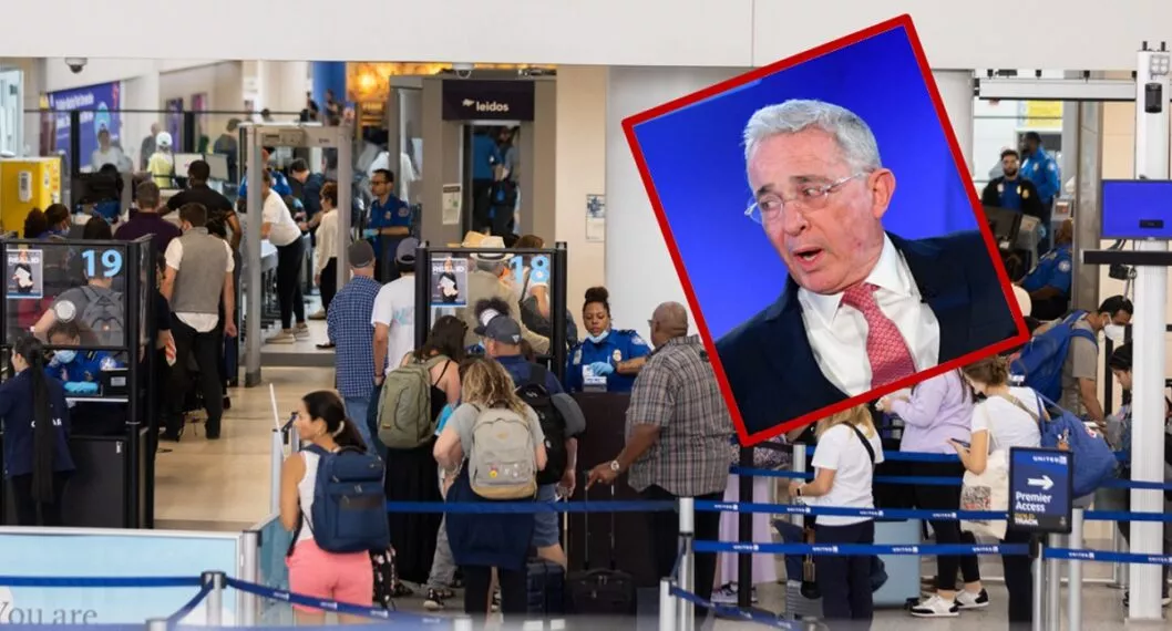 Imagen de aeropuerto de Newark, New Jersey, y de Álvaro Uribe ilustra artículo ¿Qué dijo Álvaro Uribe que dificulta hoy el asilo de colombianos en EE.UU.?