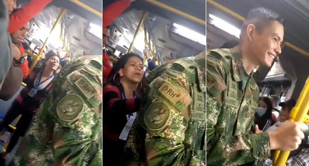 Fotos del momento en que mujer con tragos se confiesa ante militar del Ejército Nacional en Transmilenio.