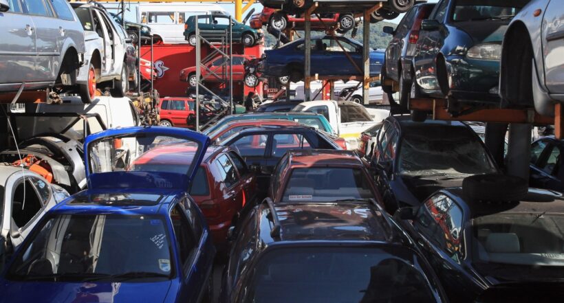 GLOUCESTER, ENGLAND - AUGUST 11:  Cars are stacked awaiting dismantling and recycling at CMS Vehicle Solutions Ltd on August 11, 2009 in Gloucester, England. The large vehicle salvage specialist, is one of the authorised treatment facilities dealing with the scrapping of cars brought in under the government's scrappage scheme and now accounts for all most half of the cars currently being dismantled by the centre. Official figures released this week show that since it was intruduced in May almost 155,000 new cars have been ordered through the scheme, where motorists are offered 2000 GBP discount on new cars when they trade in a car that is 10 years or older. And figures from the car industry show that car production increased and UK car sales rose 2.4 percent, to 157,149, in July compared with the same month last year.  (Photo by Matt Cardy/Getty Images)