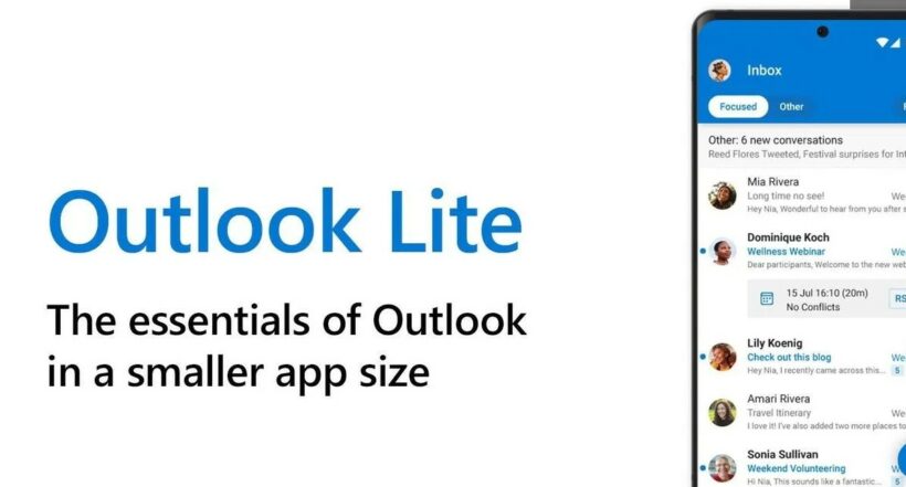 Imagen de la nueva app Outlook Lite que es una versión de correo ligera para celulares Android gama media