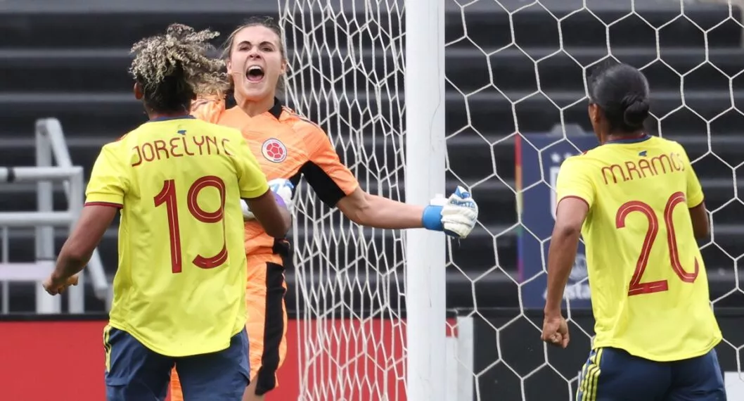COMMERCE CITY, CO - JUNE 25: Goalkeeper Catalina Perez #1 of Colombia reacts after saving a penalty kick during the friendly game between Colombia and United States at Dick's Sporting Goods Park on June 25, 2022 in Commerce City, Colorado. (Photo by Omar Vega/Getty Images)