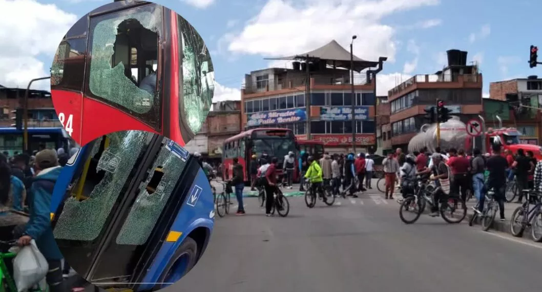 En las protestas de bicitaxistas en Patio Bonito, Bogotá, ocasionaro disturbios y vandalismo contra los buses de Transmilenio.