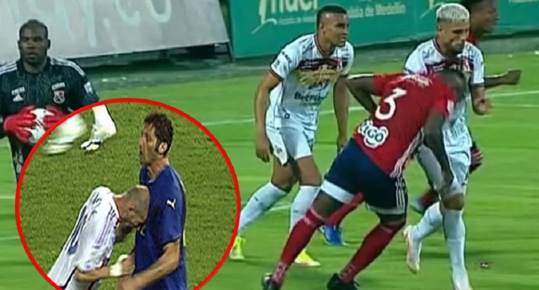 Imagen de los jugadores de Copa BetPlay, ya que jugador de Medellín le dio cabezazo a lo Zidane a uno del Tolima