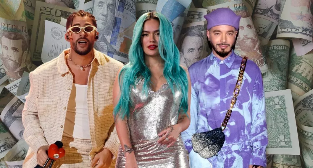 Bad Bunny, Karol G y J Balvin sobre billetes de dólares y pesos, a propósito de quién es más rico, según su patrimonio (fotomontaje Pulzo).
