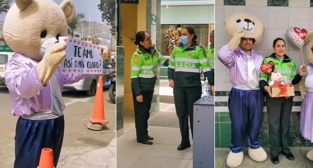 Fotos del hombre que se disfrazó de oso para sorprender a su amada policía en Perú.