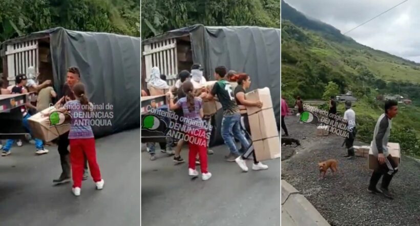 Fotos del camión que fue saqueado en Antioquia después de volcarse.