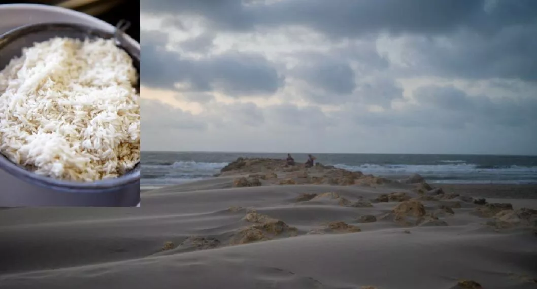 Foto de una playa y una porción de arroz para ilustrar los precios que le cobran a los turistas en Colombia.