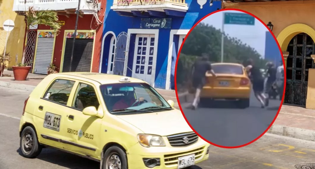 Video viral de turistas en Cartagena que están empujando un taxi que está varado.
