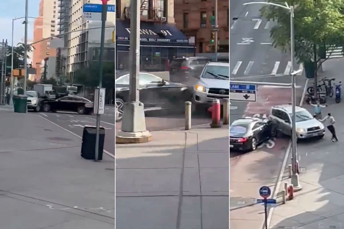 Fotos del robo de película ocurrido en Nueva York con carro Mercedes y camioneta Toyota.
