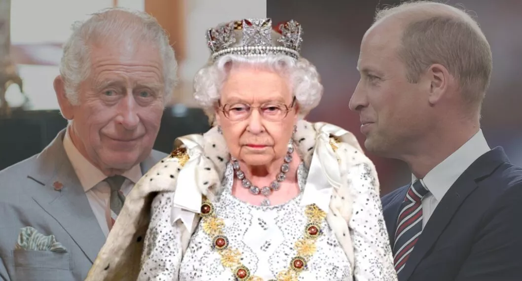 Reina Isabell II, que dicen está delicada de salud, sobre fondo del príncipe Carlos y el príncipe William, sus posibles sucesores y que tienen menos años vs. edad real de la reina.