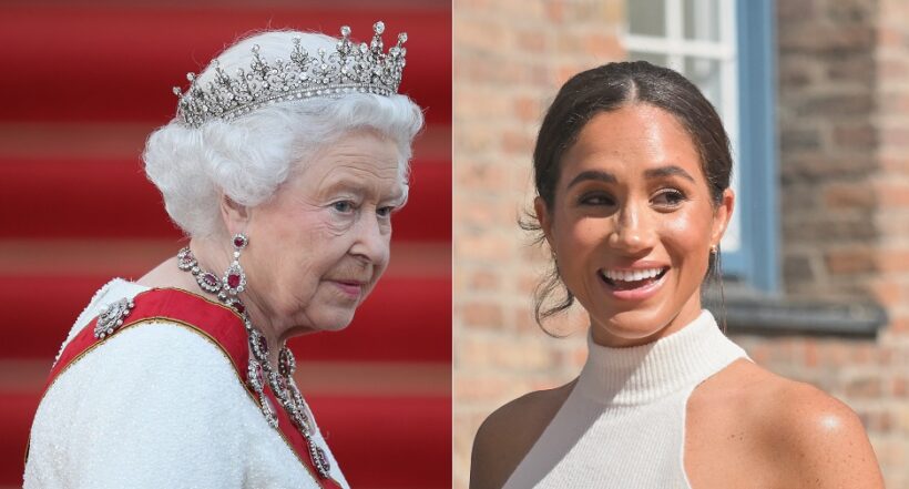 Reina Isabel II, que murió, y Meghan Markle, cuya fortuna es menor que la de la reina, que la dejó fuera de testamento.