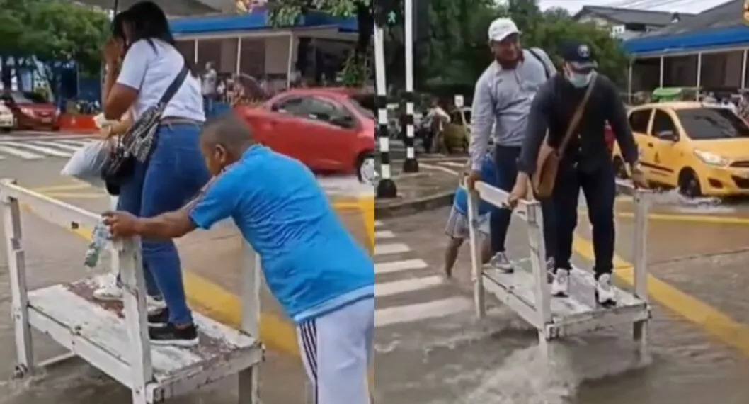 “La plata está hecha”: un hombre se inventó curioso transporte para que ciudadanos no se mojen en inundaciones en Barranquilla.