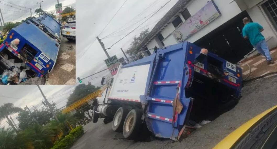 Imagen del camión de basuras de Ibagué quedó atrapado en tremendo hueco
