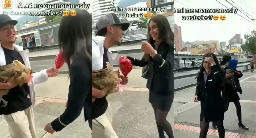 Un joven le regaló de Amor y Amistad una gallina a su novia. Se la entregó frente a una estación de Transmilenio, en Bogotá. El video se hizo viral.