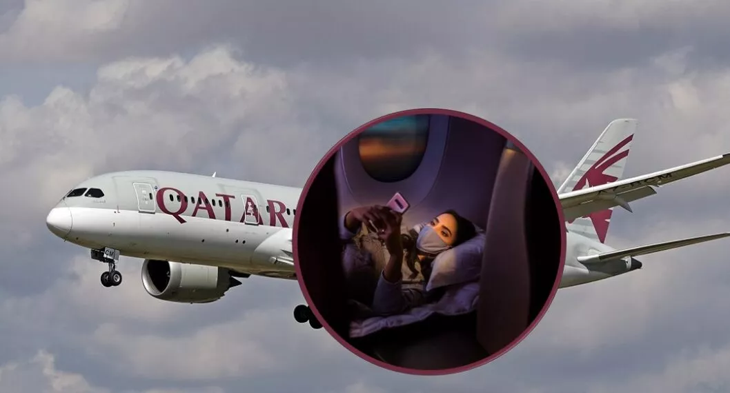 Avión de Qatar Airways y persona en "suite" de la clase ejecutiva ilustran nota sobre cómo es  