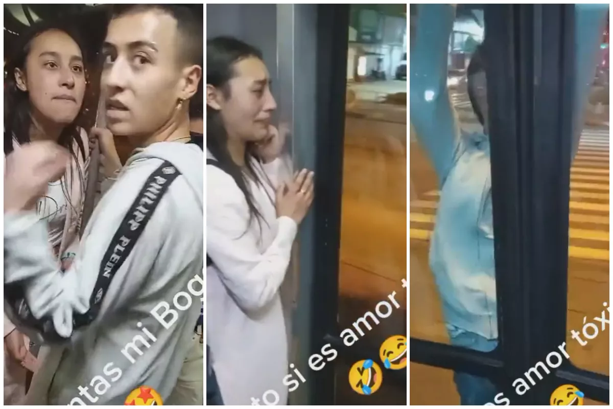 Video viral de joven en Bogotá que se cuelga de un Transmilenio luego de pelear con una mujer que sería su pareja.