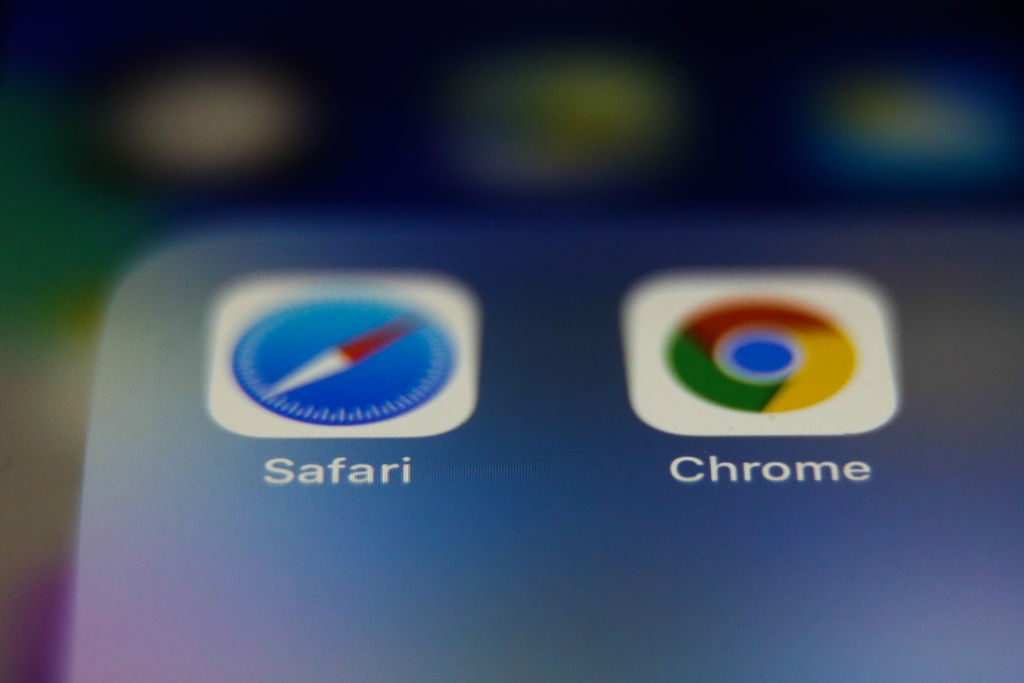 Safari and Google Chrome browsers icons are seen displayed on phone screen in this illustration photo taken in Poland on February 20, 2020. (Photo illustration byJakub Porzycki/NurPhoto via Getty Images)