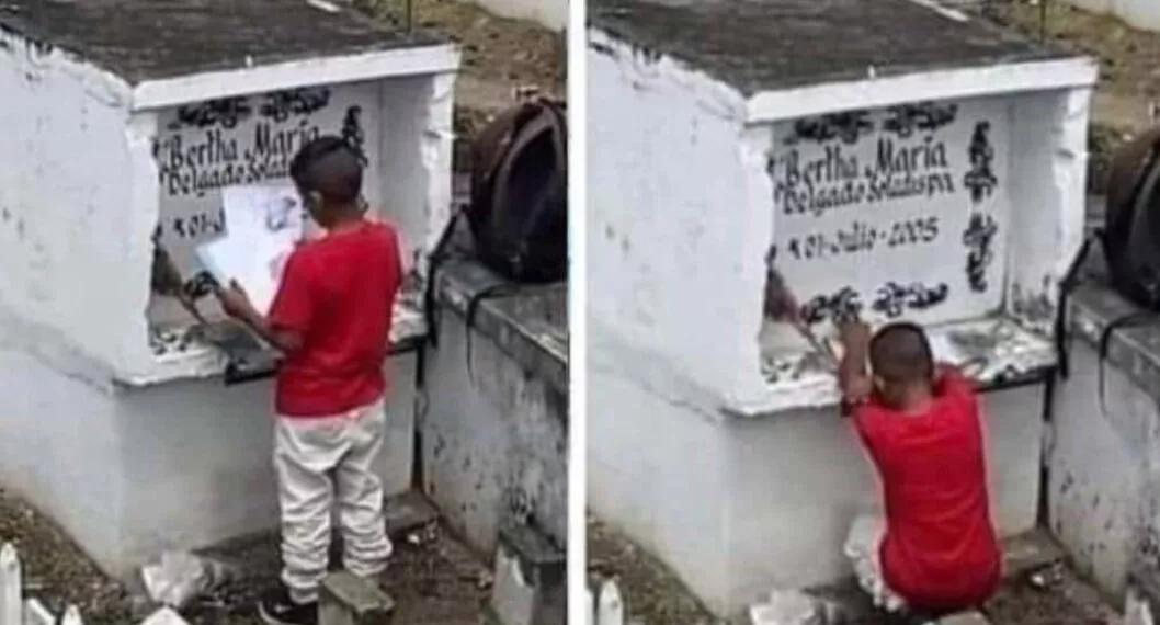 Niño busca la tumba de su madre para mostrarle sus buenas calificaciones del colegio. Además, le habla al sepulcro y le llevó flores. 