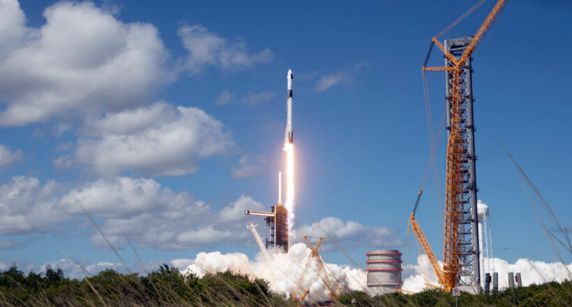 CAPE CANAVERAL, FLORIDA - OCTOBER 05: SpaceX’s Falcon 9 rocket with the Dragon spacecraft atop takes off from Launch Complex 39A at NASA's Kennedy Space Center on October 05, 2022 in Cape Canaveral, Florida. The rocket will carry the four-person team of the Crew-5 mission to the International Space Station and is scheduled to dock on Thursday, October 6. (Photo by Kevin Dietsch/Getty Images)