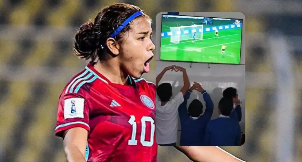 Fotos de Gabriela Rodríguez y niños viendo partido, en nota de Mundial Femenino Sub-17: profesora puso penaltis de Selección Colombia en clase