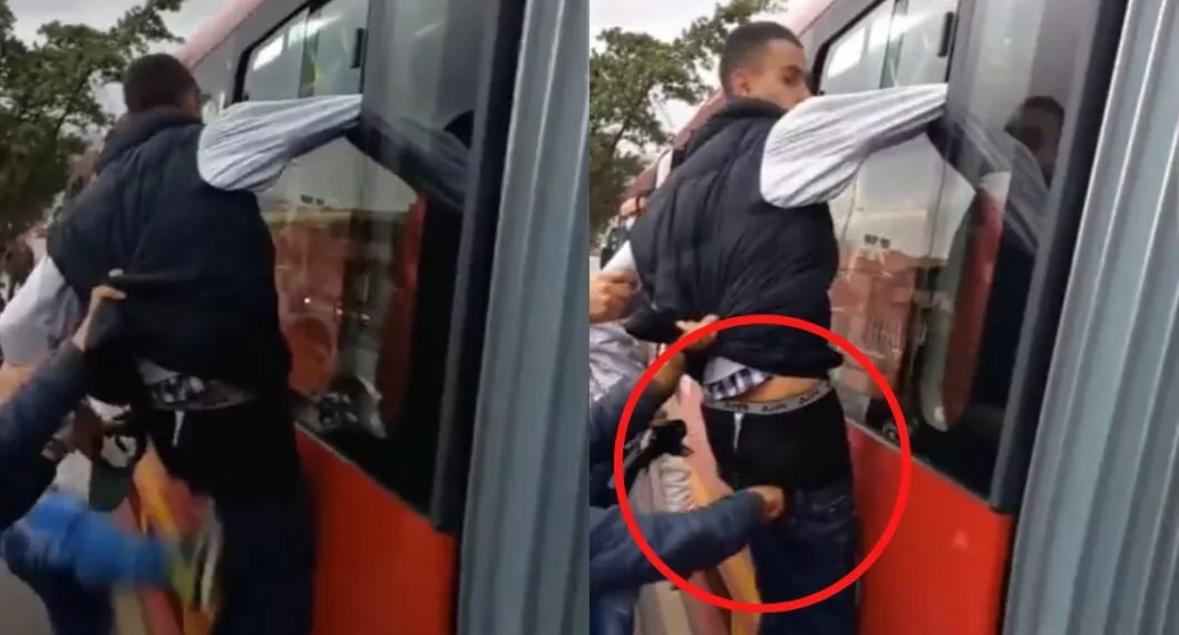 Un ladrón que pretendía robar en un bus de Transmilenio (Bogotá) quedó atrapado y la gente aprovechó para dejarlo sin billetera.