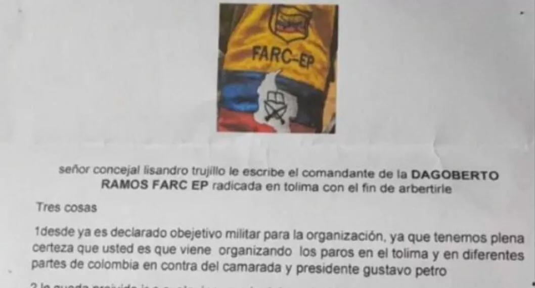 Este es el panfleto firmado supuestamente por las disidencias de las Farc, Dagoberto Ramos.