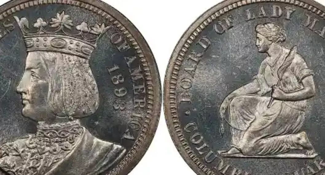 Foto de moneda conmemorativa de dólar, con la imagen de la reina Isabel, de Castilla