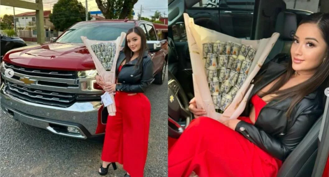 Pamela Ruiz Diaz, modelo paraguaya, fue sorprendida por su novio, que por su aniversario le regaló una camioneta y un ramo con 2.000 dólares.