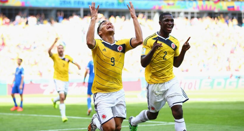 BELO HORIZONTE, BRAZIL - JUNE 14:  Teofilo Gutierrez of Colombia (L) celebrates scoring his team's second goal with Cristian Zapata during the 2014 FIFA World Cup Brazil Group C match between Colombia and Greece at Estadio Mineirao on June 14, 2014 in Belo Horizonte, Brazil.  (Photo by Paul Gilham/Getty Images)