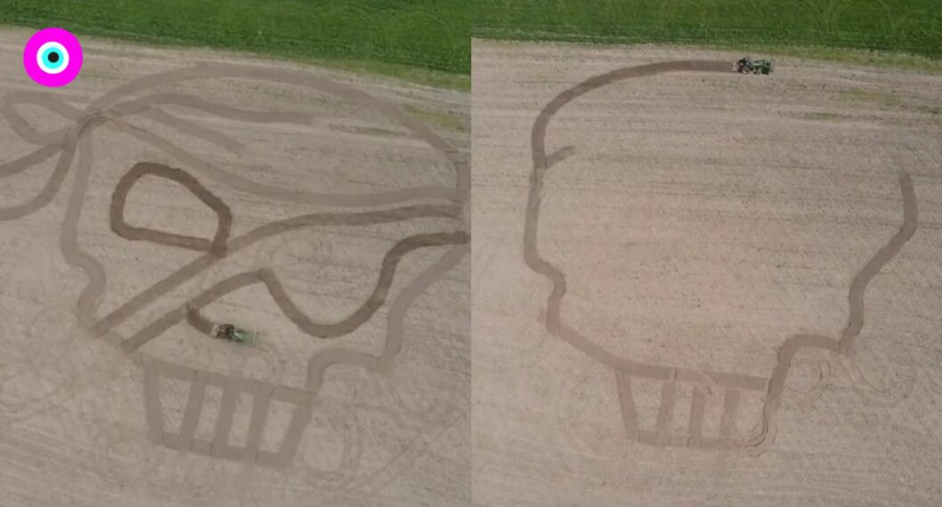 Imagen del Video del artista que dibujo con un tractor una calavera a gran escala 