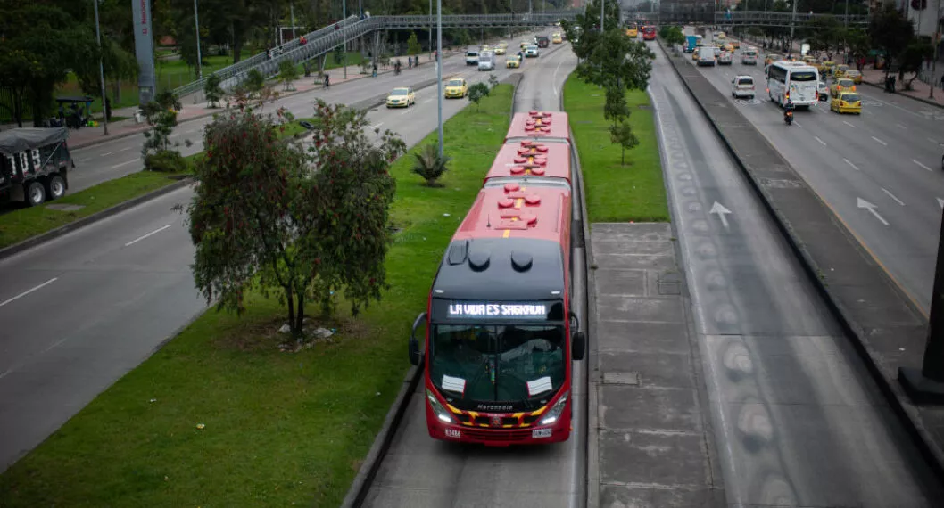 Transmilenio massive transport buses are seen full early in the morning during the Car-Free day to reduce environmental impact in Bogota, Colombia, September 22, 2022. (Photo by Sebastian Barros/NurPhoto via Getty Images)