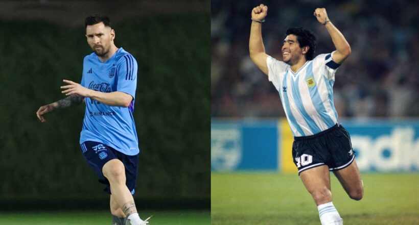 Foto de Lionel Messi y Diego Maradona, a propósito de la inflamación de tobillo de Messi en Qatar 2022