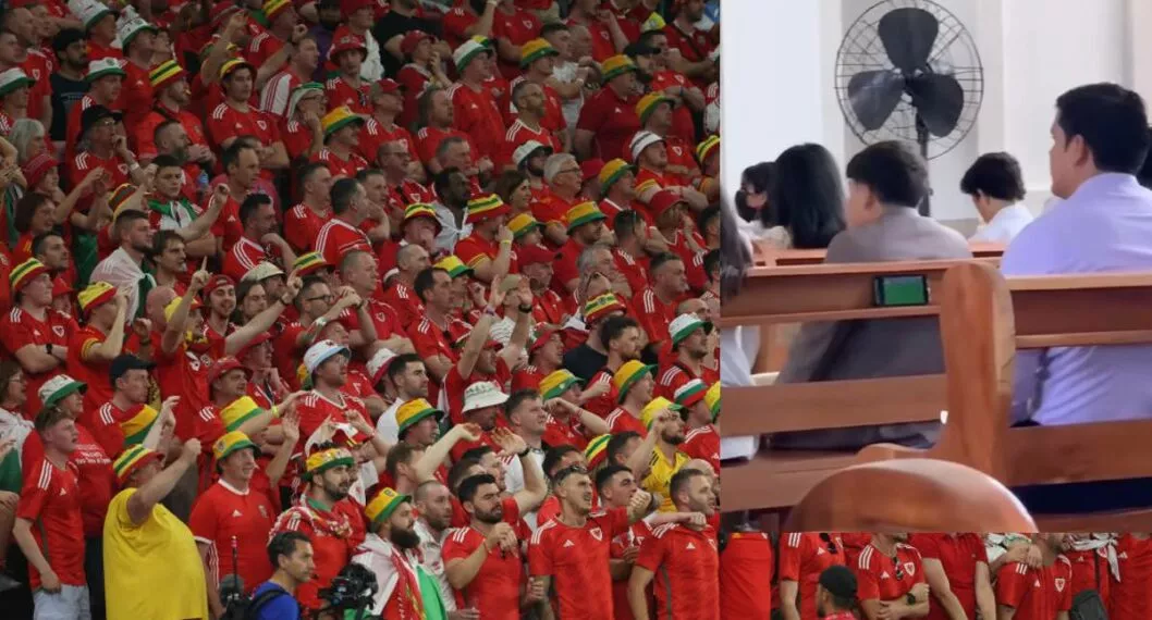 Foto de la tribuna de Gales en el Mundial Qatar 2022 que revela un hombre que veía un partido en la misa