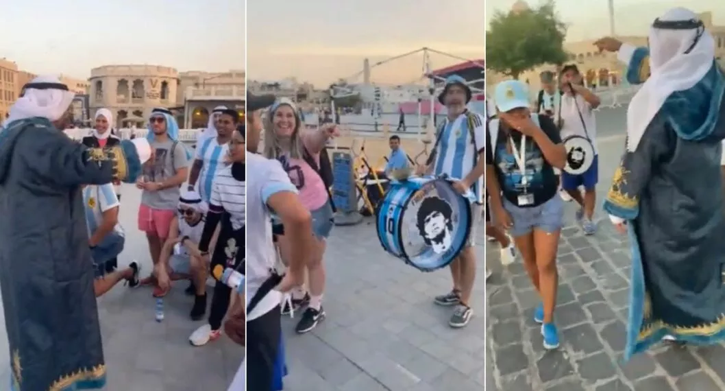 Mexicanos se disfrazan de cataríes para asustar argentinos en Catar durante el Mundial.