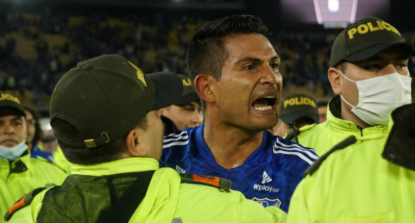 Millonarios player David Macalister Silva argues at the end of the BetPlay DIMAYOR I 2022 BetPlay League semifinal matchday 4 at Nemesio Camacho El Campin stadium in Bogota, Colombia. The match ended 0-0 (Photo by Daniel Garzon Herazo/NurPhoto via Getty Images)
