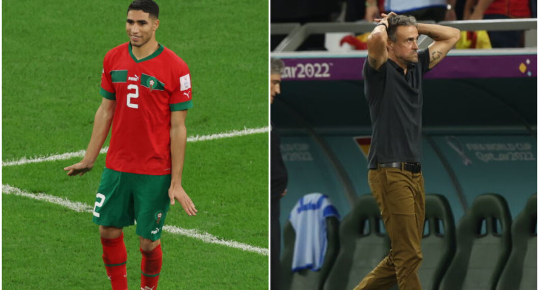 Penalti de Hakimi en España vs. Marruecos y celebración contra Luis Enrique.