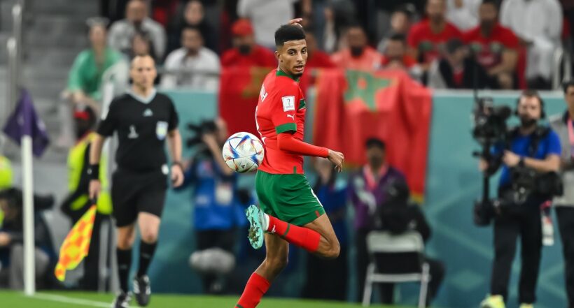 DOHA, QATAR - DECEMBER 10: Azzedine Ounahi of Morocco #eua# during the FIFA World Cup Qatar 2022 quarter final match between Morocco and Portugal at Al Thumama Stadium on December 10, 2022 in Doha, Qatar. (Photo by Harry Langer/DeFodi Images via Getty Images)