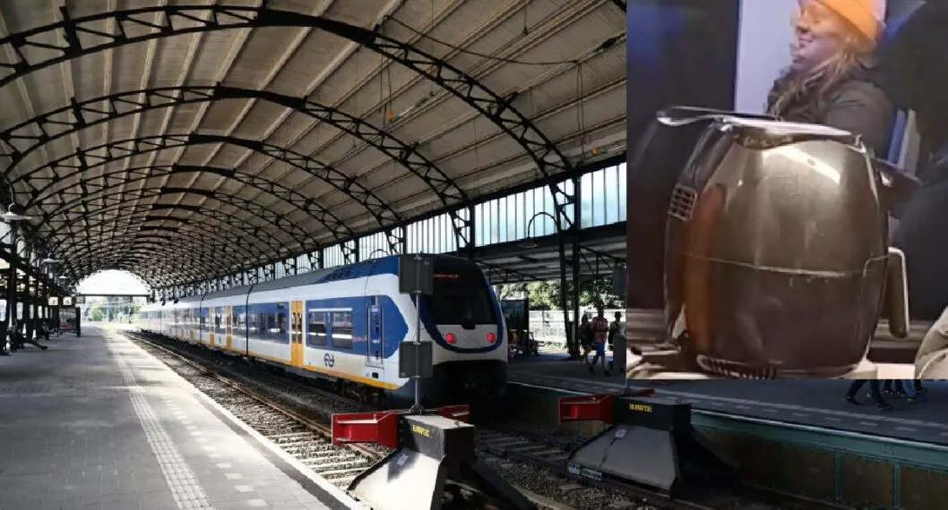 Foto de contexto de un tren en Países Bajos y de hombre cocinando en 'air fryer'