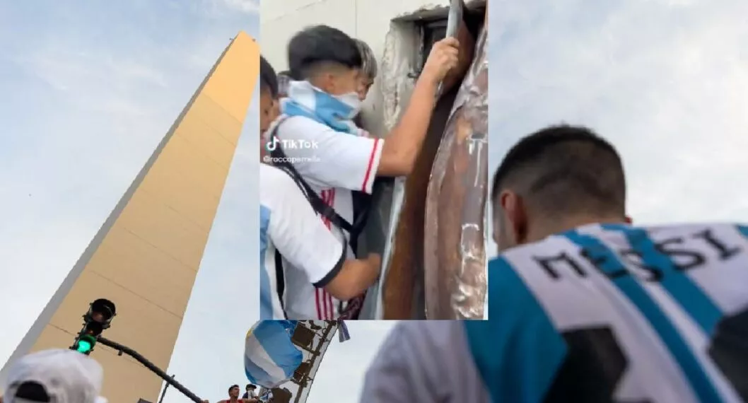 Foto de hinchas argentinos en el Obelisco a propósito de los que ingresaron en su interior para celebrar la Copa del Mundo