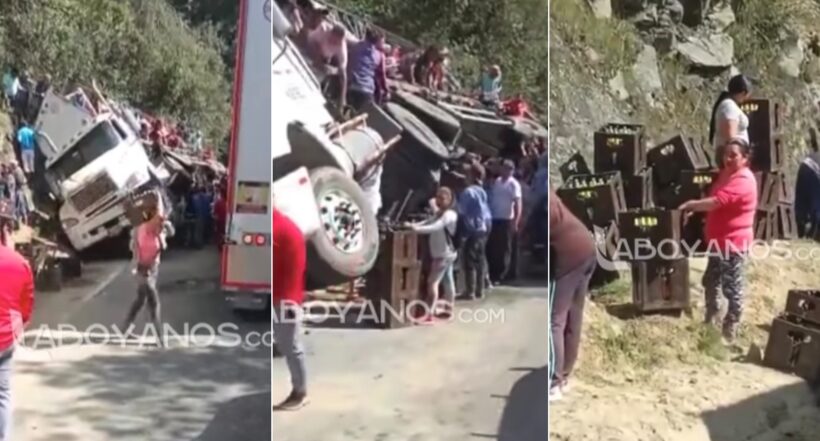 Camión de cerveza Águila se volcó entre Bucaramanga y Cúcuta y terminó saqueado.