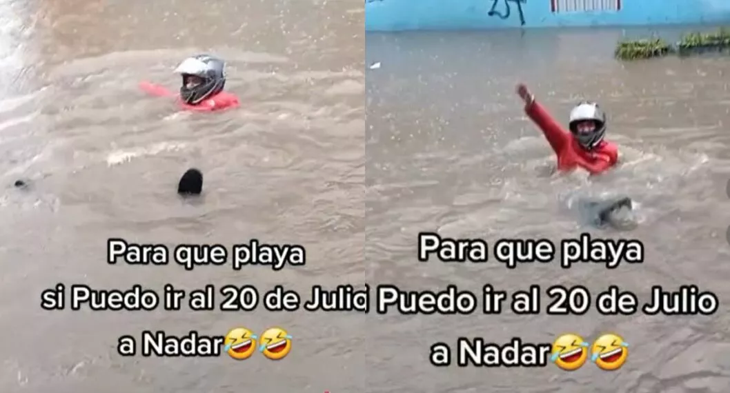 Video viral: hombre aprovechó una inundación provocada por las fuertes lluvias en Bogotá para nadar.