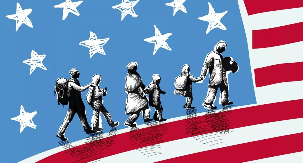 Personas caminando sobre la bandera de Estados Unidos, a propósito de la reforma migratoria.